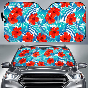 Blue Tropical Hibiscus Pattern Print Car Sun Shade GearFrost