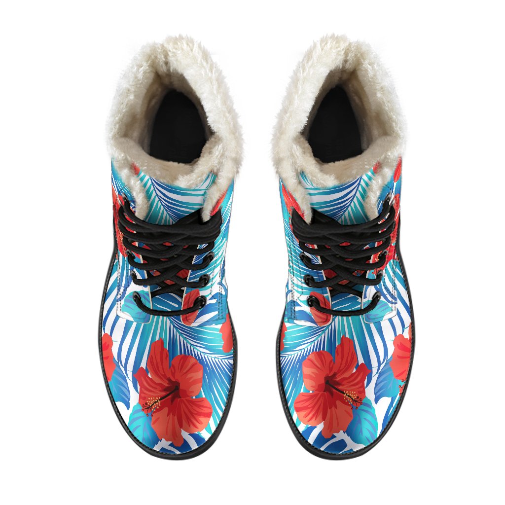 Blue Tropical Hibiscus Pattern Print Comfy Boots GearFrost