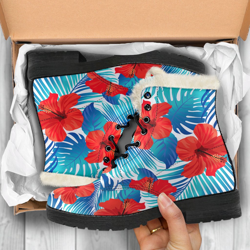 Blue Tropical Hibiscus Pattern Print Comfy Boots GearFrost