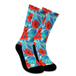 Blue Tropical Hibiscus Pattern Print Crew Socks