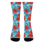 Blue Tropical Hibiscus Pattern Print Crew Socks