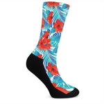 Blue Tropical Hibiscus Pattern Print Crew Socks