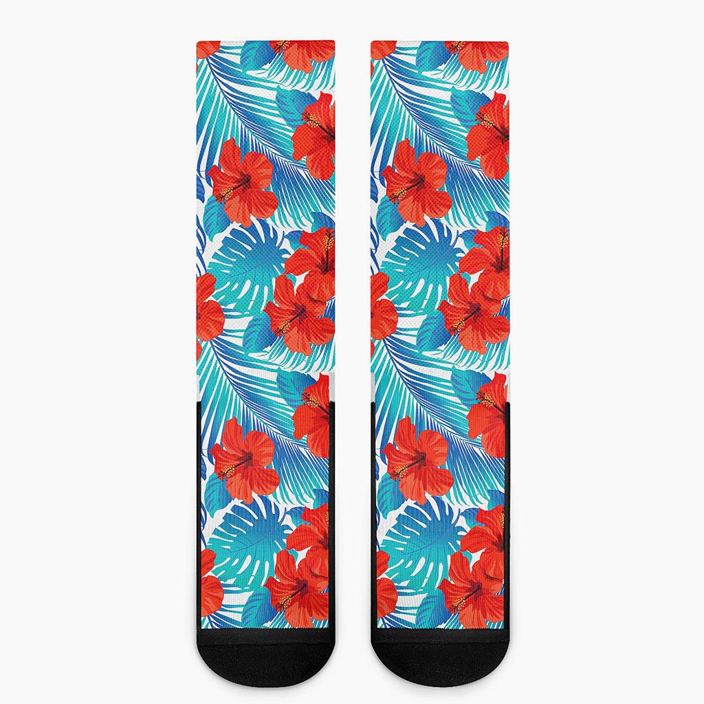 Blue Tropical Hibiscus Pattern Print Crew Socks