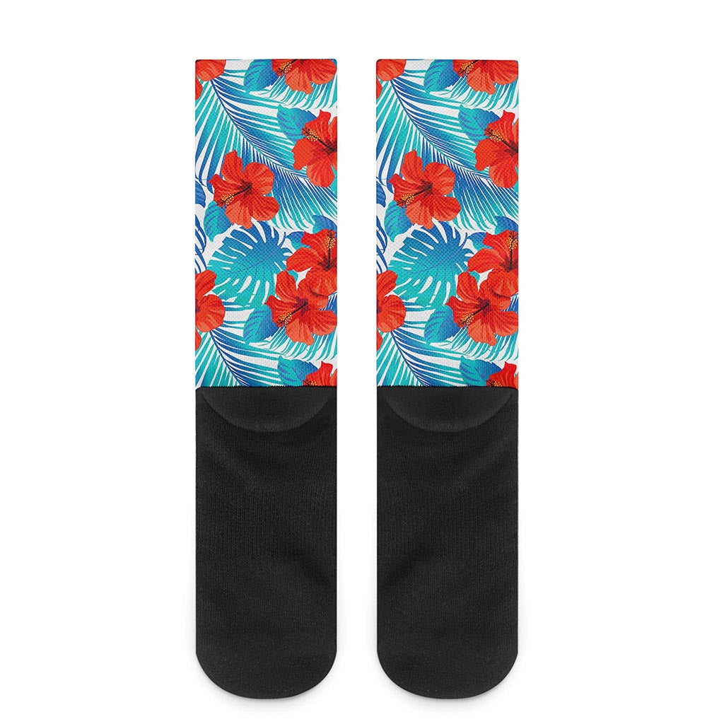 Blue Tropical Hibiscus Pattern Print Crew Socks