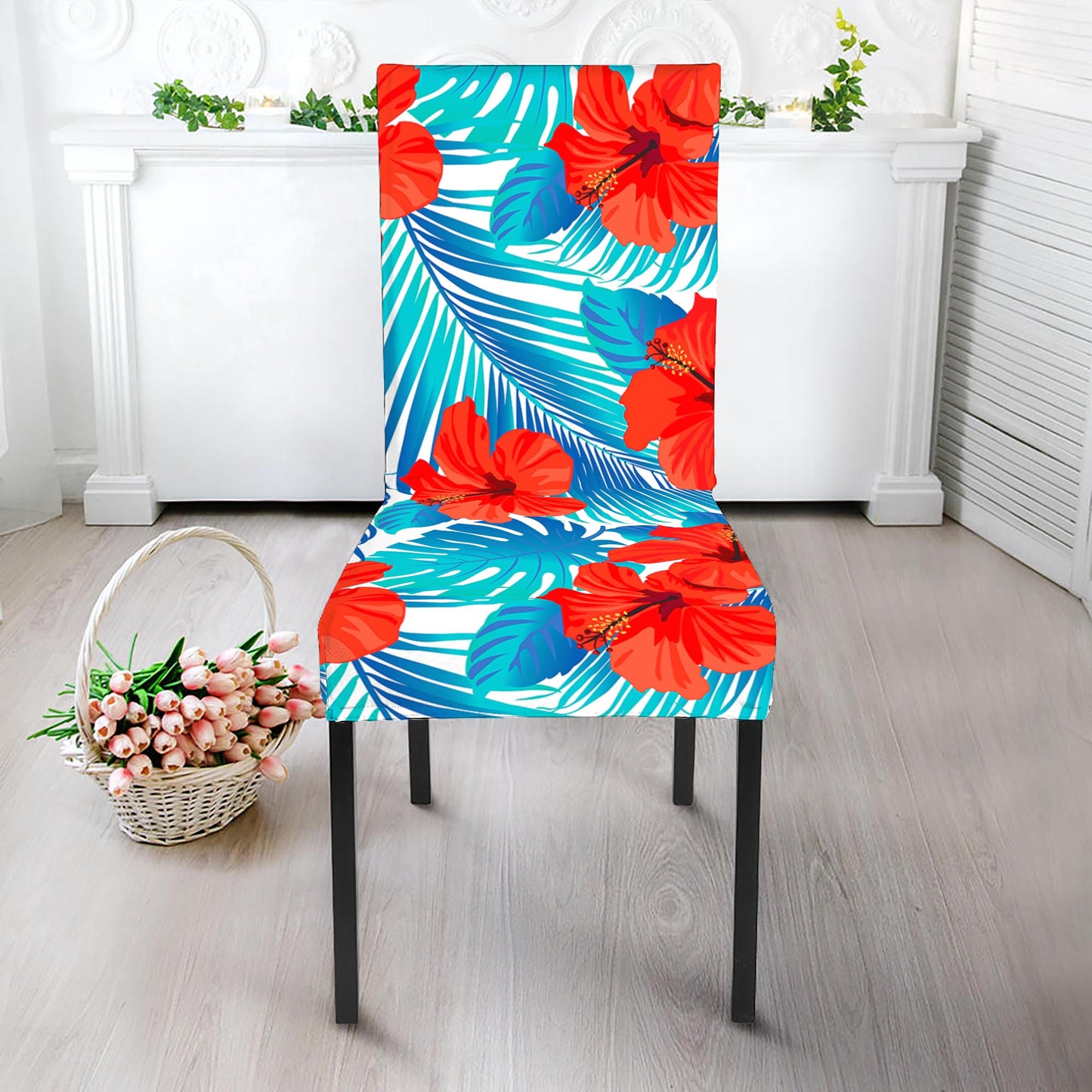 Blue Tropical Hibiscus Pattern Print Dining Chair Slipcover