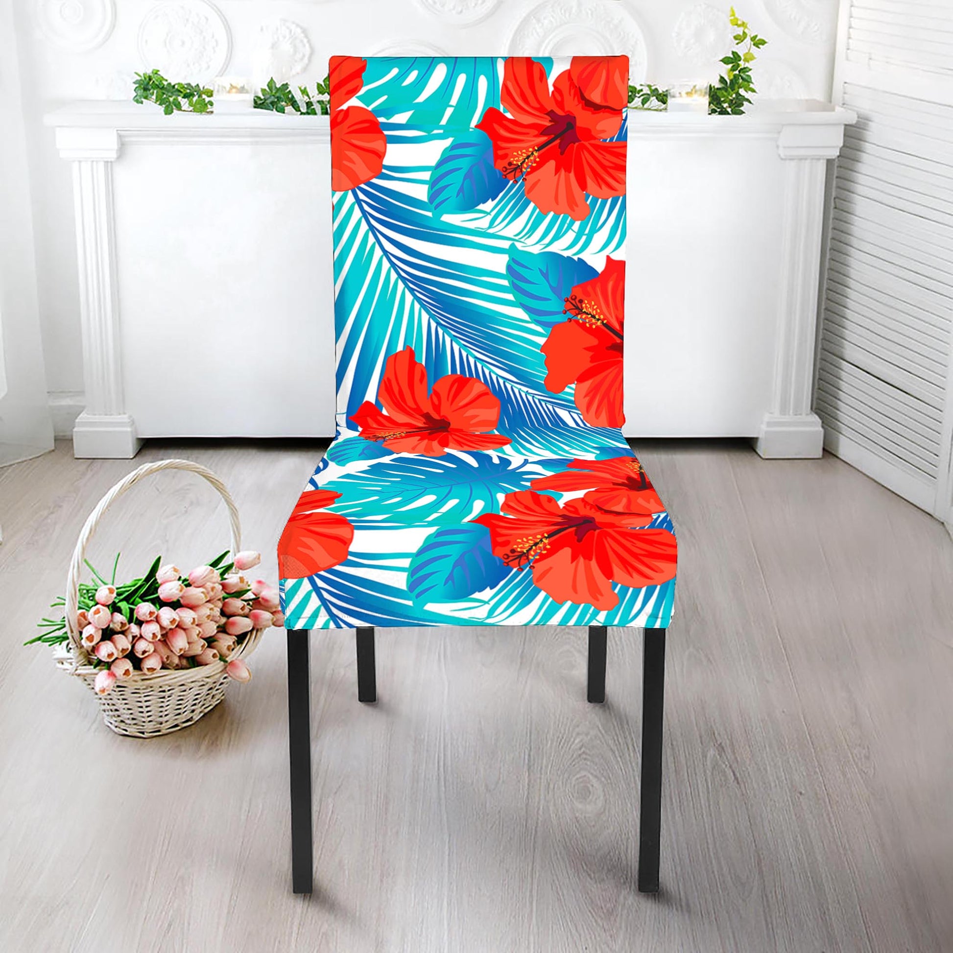 Blue Tropical Hibiscus Pattern Print Dining Chair Slipcover