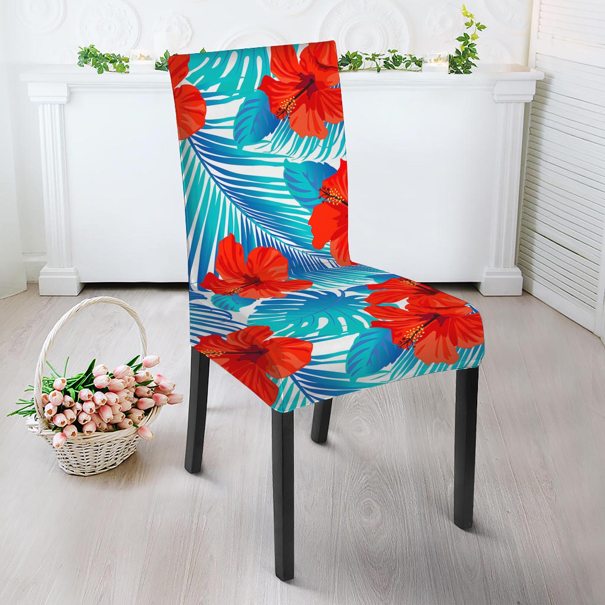 Blue Tropical Hibiscus Pattern Print Dining Chair Slipcover