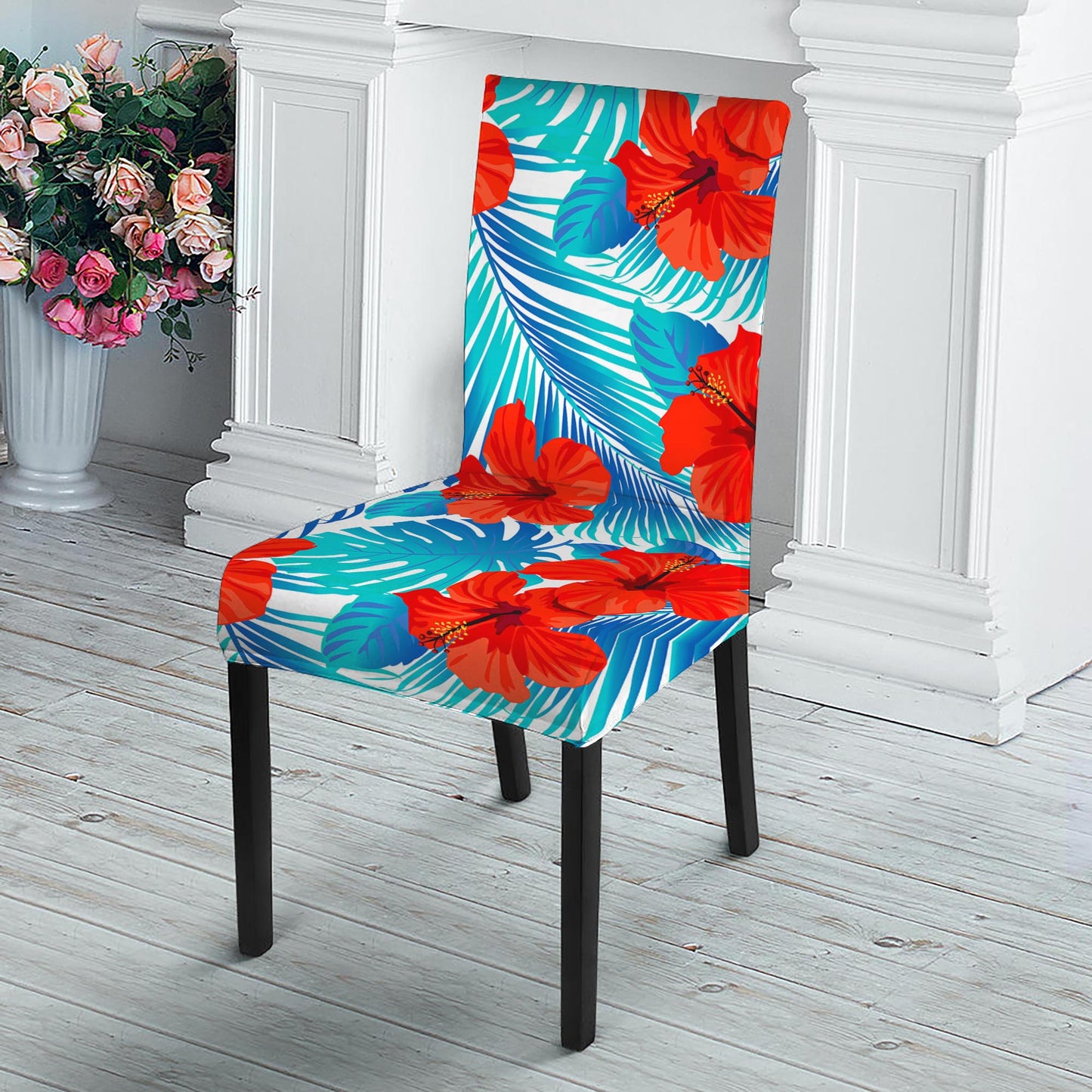 Blue Tropical Hibiscus Pattern Print Dining Chair Slipcover