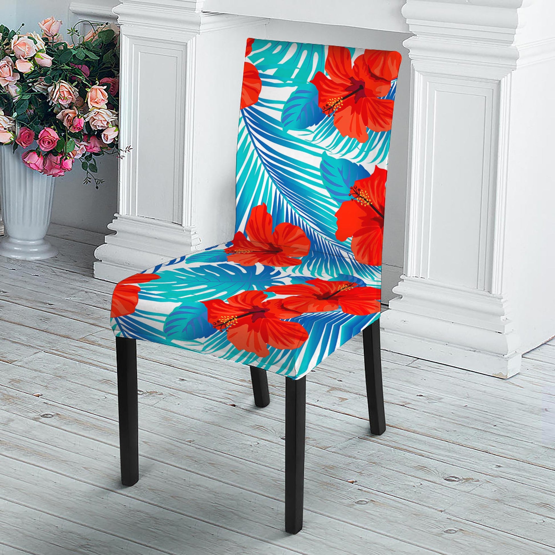 Blue Tropical Hibiscus Pattern Print Dining Chair Slipcover