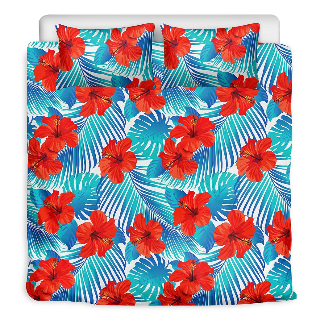 Blue Tropical Hibiscus Pattern Print Duvet Cover Bedding Set