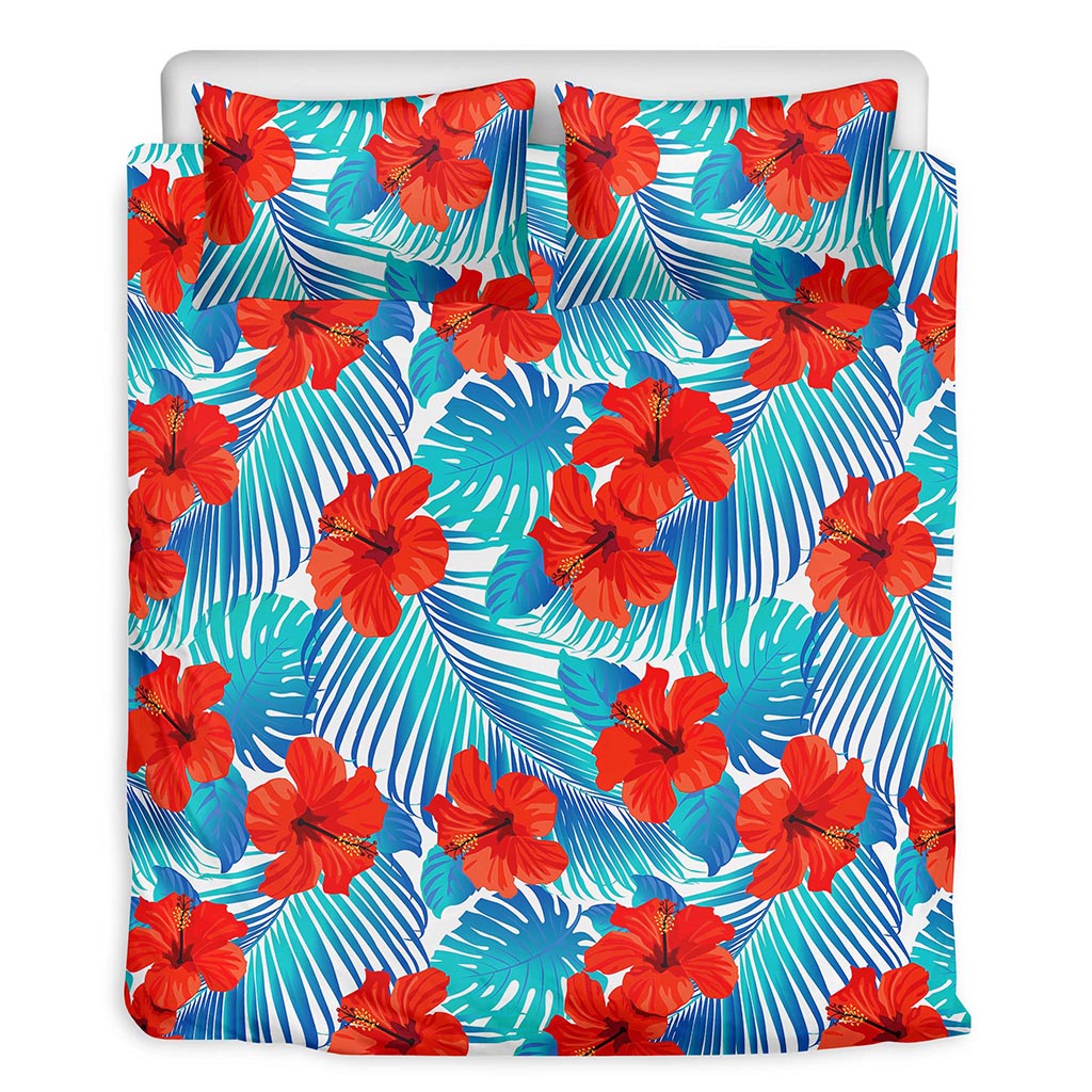 Blue Tropical Hibiscus Pattern Print Duvet Cover Bedding Set