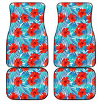 Blue Tropical Hibiscus Pattern Print Front and Back Car Floor Mats