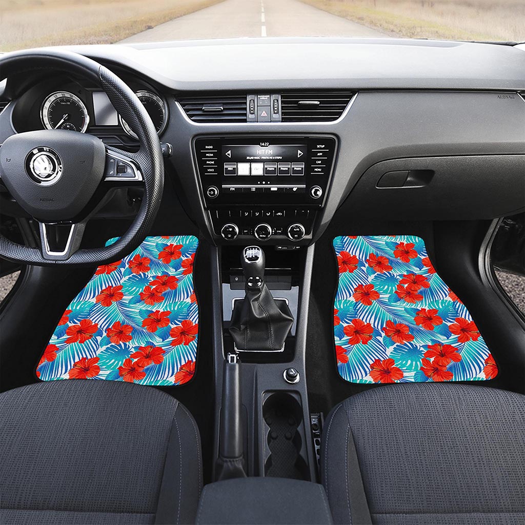 Blue Tropical Hibiscus Pattern Print Front and Back Car Floor Mats