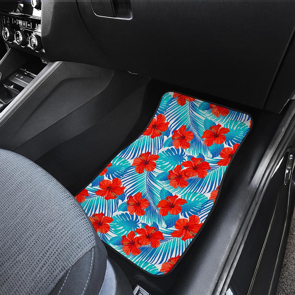 Blue Tropical Hibiscus Pattern Print Front and Back Car Floor Mats