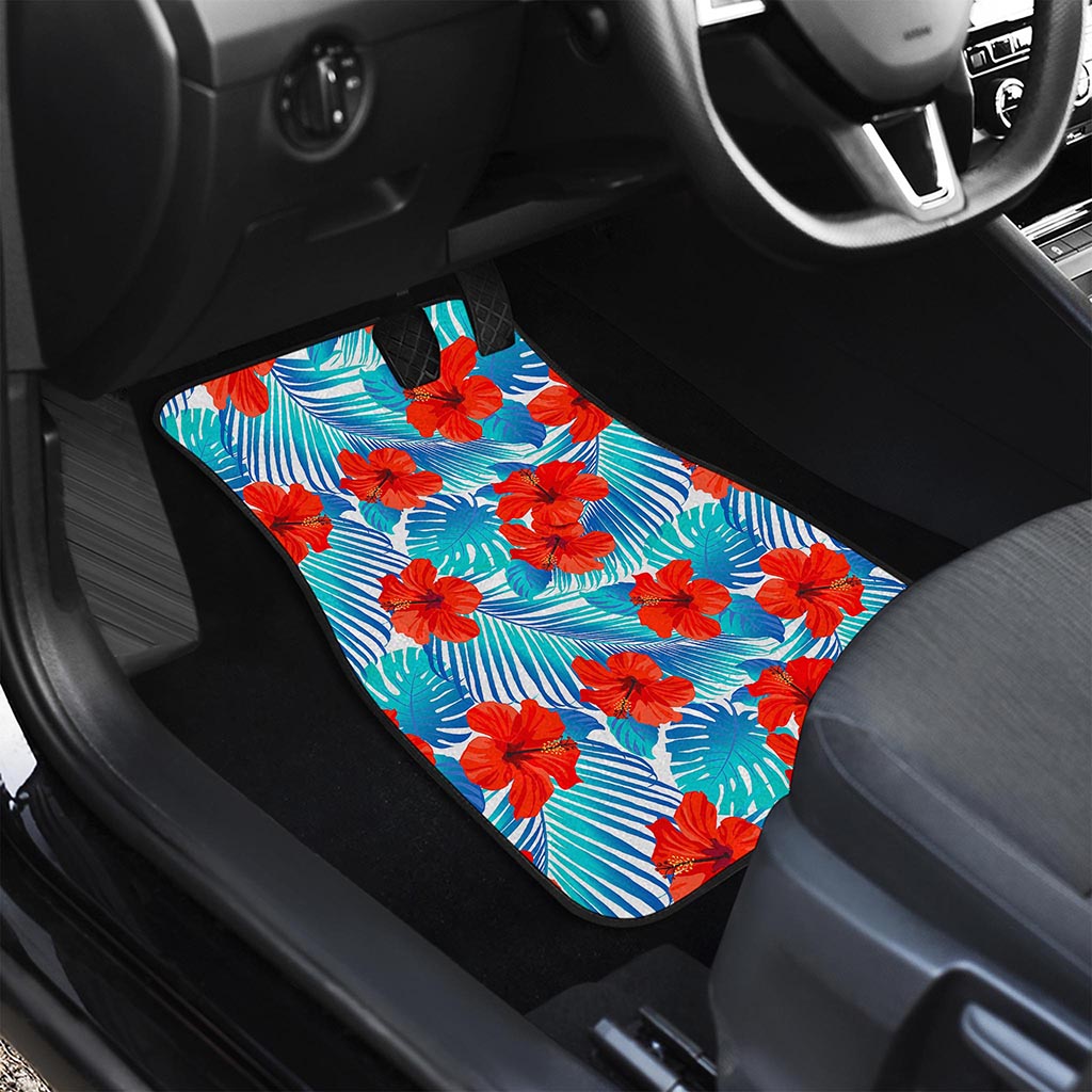 Blue Tropical Hibiscus Pattern Print Front Car Floor Mats