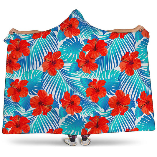 Blue Tropical Hibiscus Pattern Print Hooded Blanket