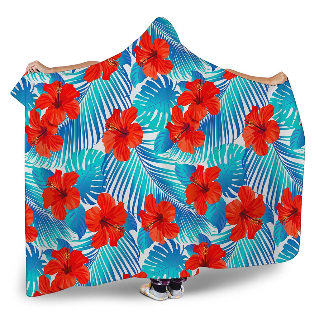 Blue Tropical Hibiscus Pattern Print Hooded Blanket