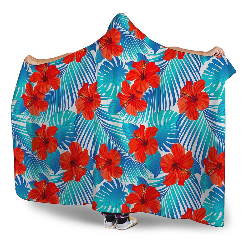 Blue Tropical Hibiscus Pattern Print Hooded Blanket