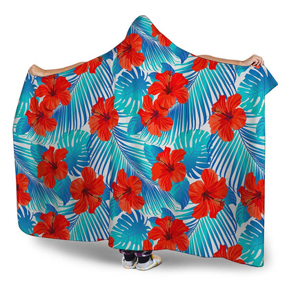 Blue Tropical Hibiscus Pattern Print Hooded Blanket