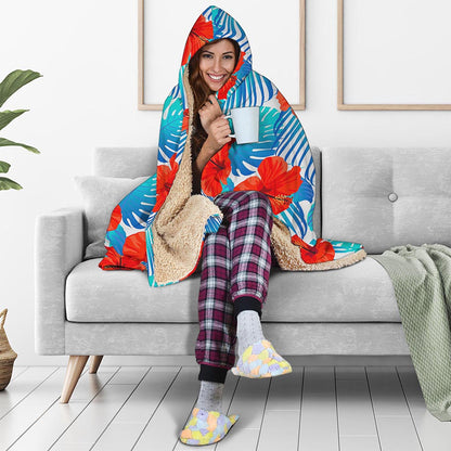 Blue Tropical Hibiscus Pattern Print Hooded Blanket