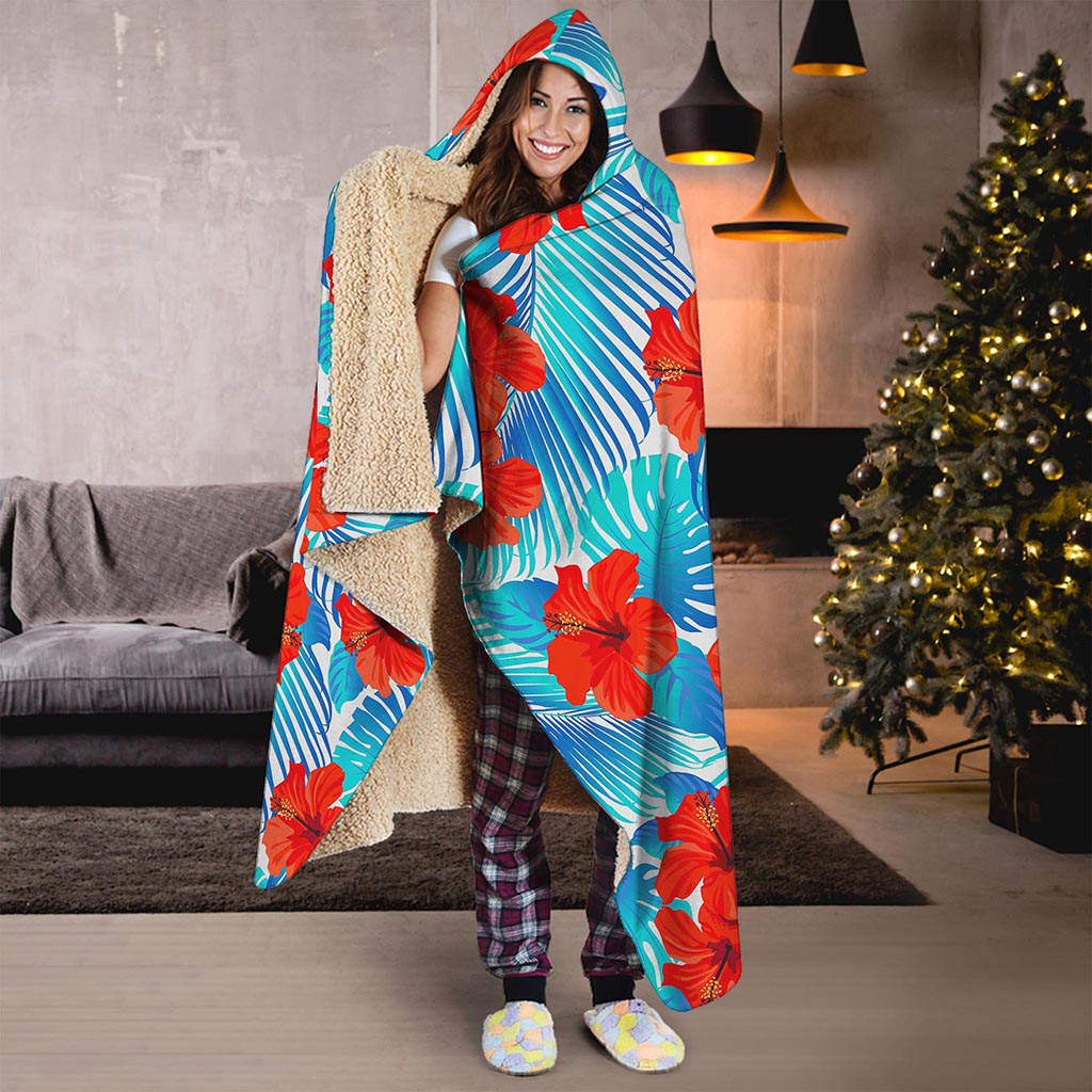 Blue Tropical Hibiscus Pattern Print Hooded Blanket