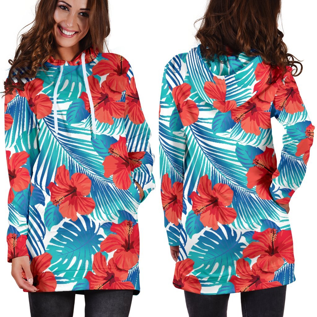Blue Tropical Hibiscus Pattern Print Hoodie Dress GearFrost