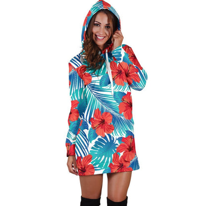 Blue Tropical Hibiscus Pattern Print Hoodie Dress GearFrost