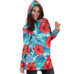 Blue Tropical Hibiscus Pattern Print Hoodie Dress GearFrost