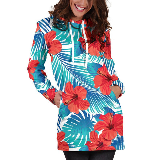 Blue Tropical Hibiscus Pattern Print Hoodie Dress GearFrost