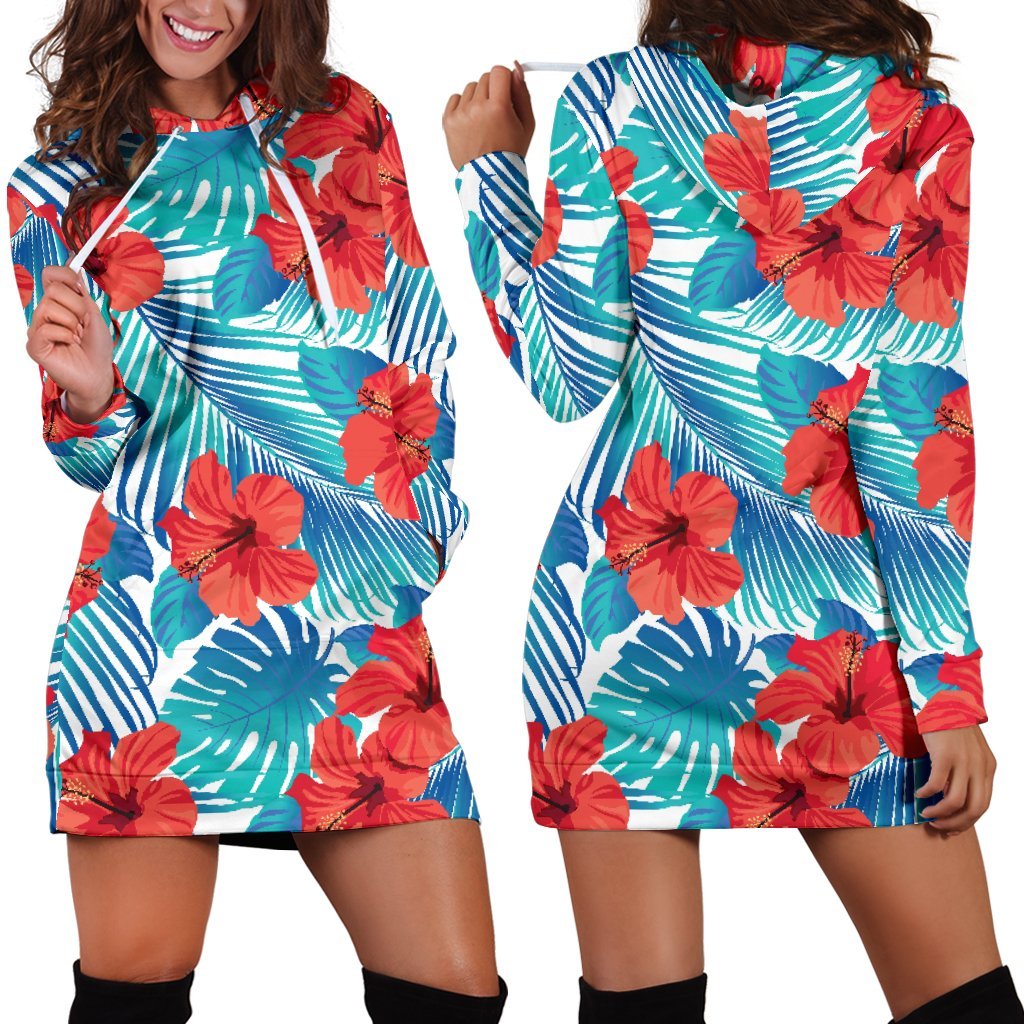 Blue Tropical Hibiscus Pattern Print Hoodie Dress GearFrost