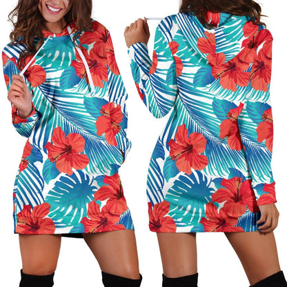 Blue Tropical Hibiscus Pattern Print Hoodie Dress GearFrost