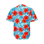 Blue Tropical Hibiscus Pattern Print Men's Baseball Jersey