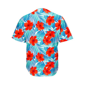 Blue Tropical Hibiscus Pattern Print Men's Baseball Jersey