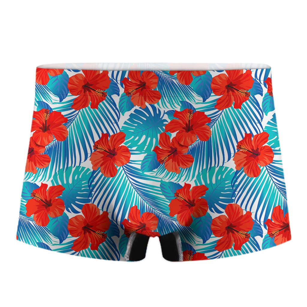 Blue Tropical Hibiscus Pattern Print Men's Boxer Briefs