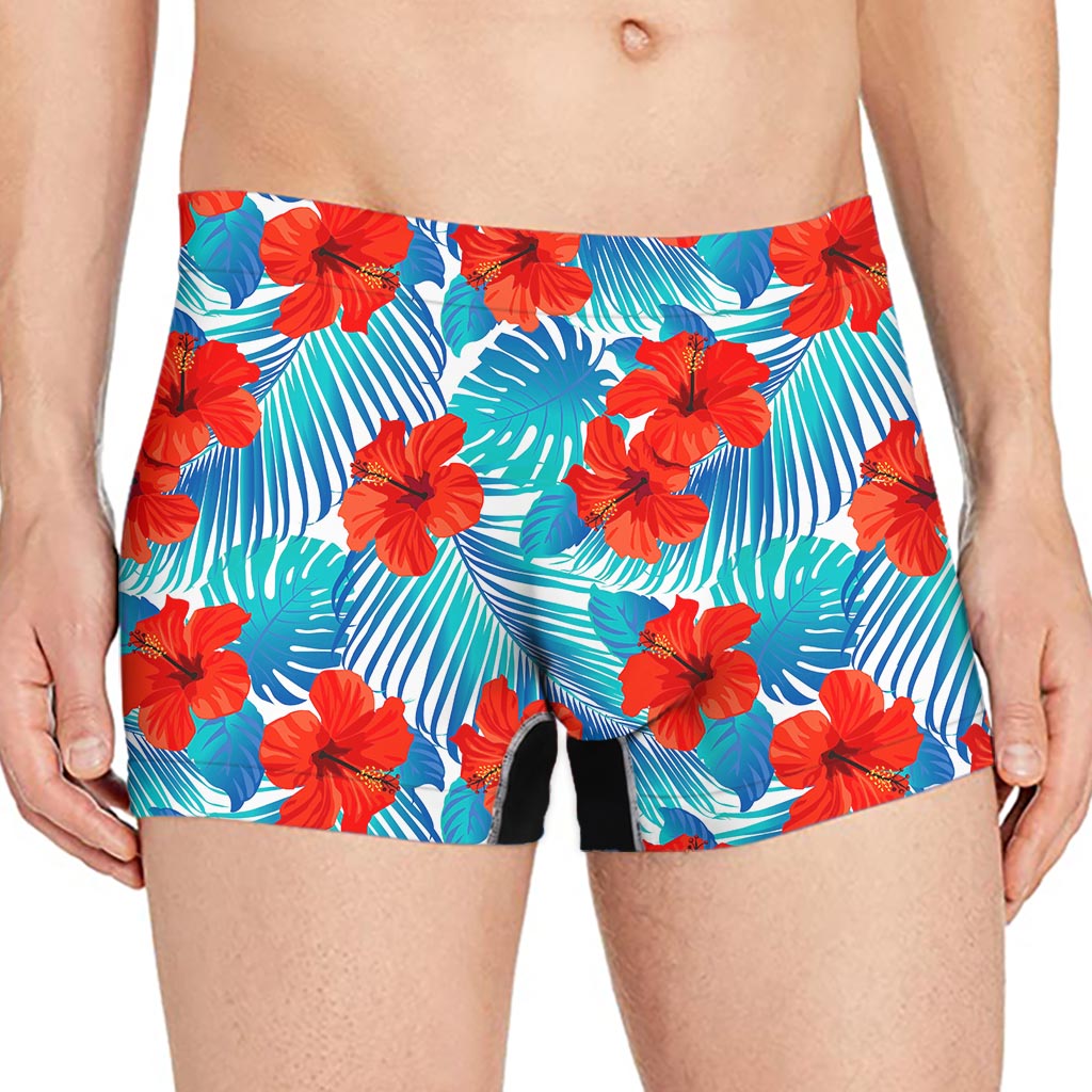 Blue Tropical Hibiscus Pattern Print Men's Boxer Briefs
