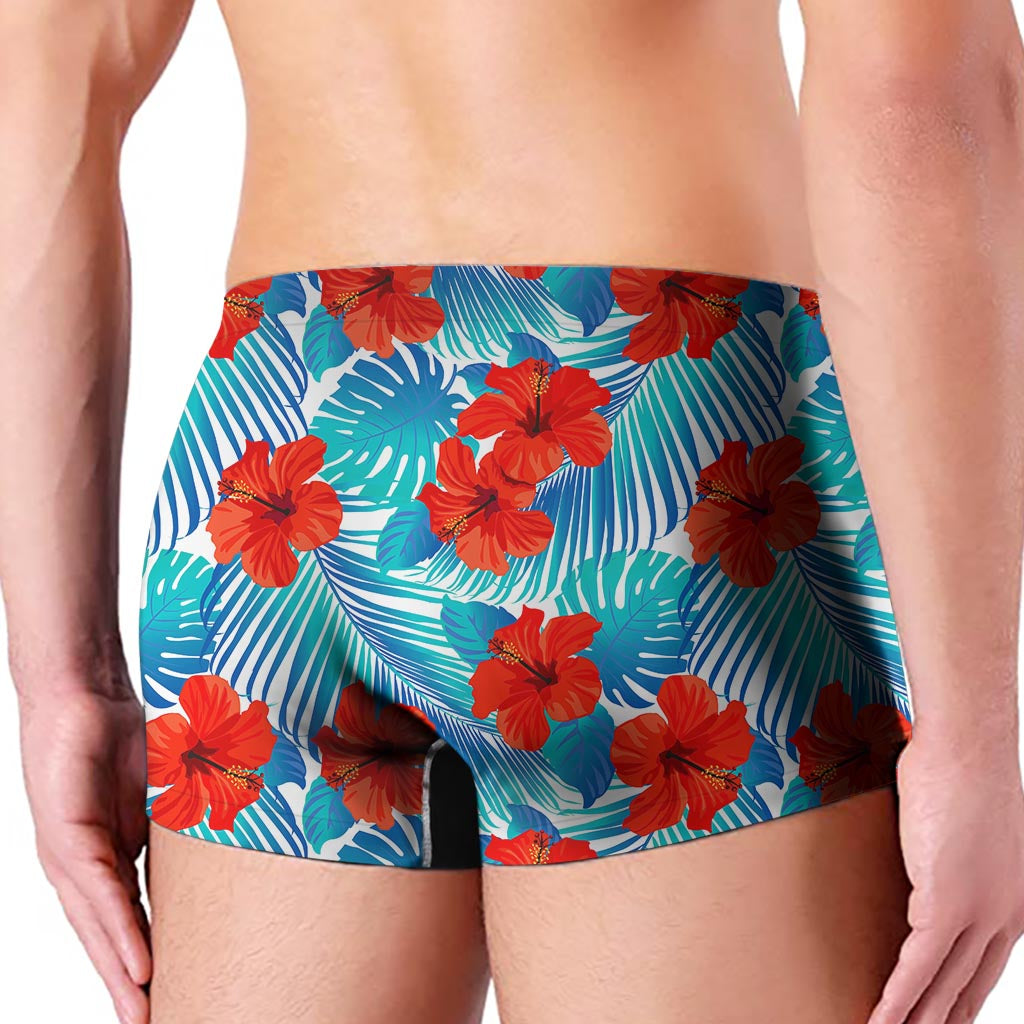 Blue Tropical Hibiscus Pattern Print Men's Boxer Briefs