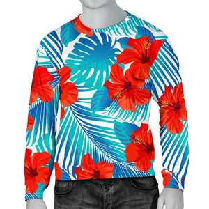 Blue Tropical Hibiscus Pattern Print Men's Crewneck Sweatshirt GearFrost