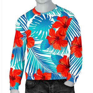 Blue Tropical Hibiscus Pattern Print Men's Crewneck Sweatshirt GearFrost