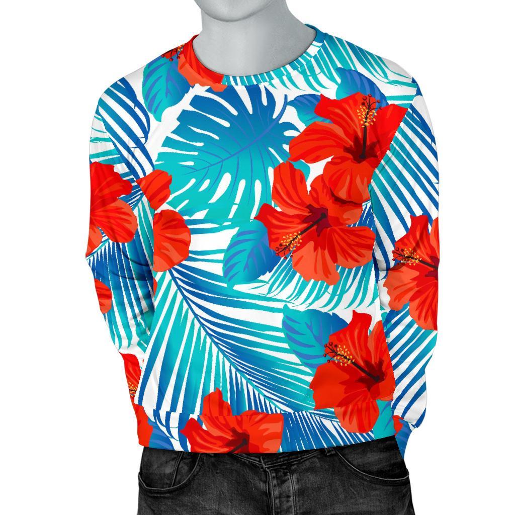 Blue Tropical Hibiscus Pattern Print Men's Crewneck Sweatshirt GearFrost