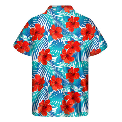 Blue Tropical Hibiscus Pattern Print Men's Short Sleeve Shirt