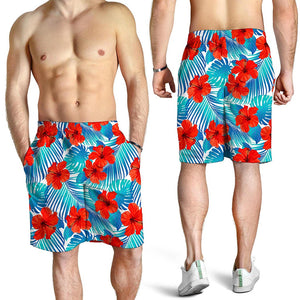 Blue Tropical Hibiscus Pattern Print Men's Shorts