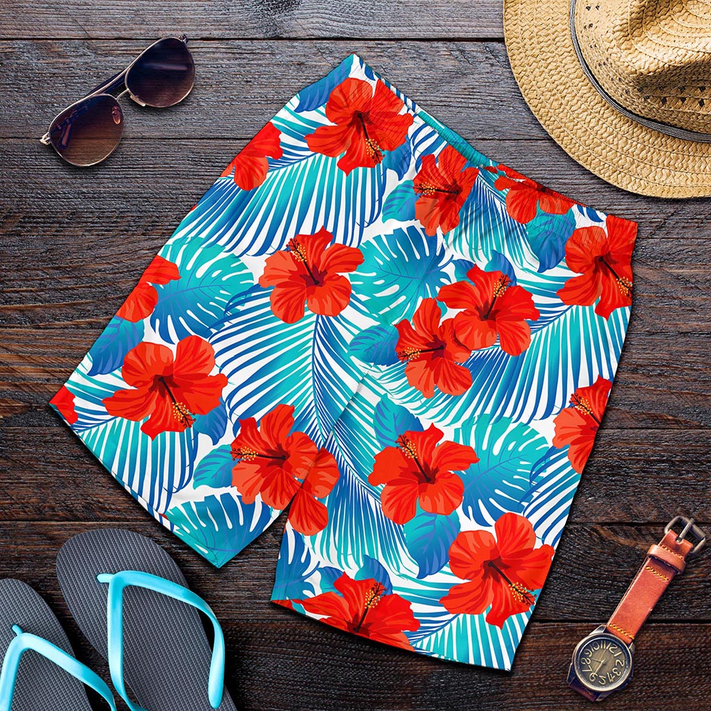 Blue Tropical Hibiscus Pattern Print Men's Shorts