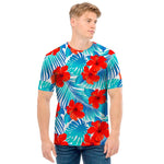 Blue Tropical Hibiscus Pattern Print Men's T-Shirt