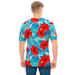 Blue Tropical Hibiscus Pattern Print Men's T-Shirt