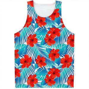 Blue Tropical Hibiscus Pattern Print Men's Tank Top