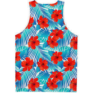 Blue Tropical Hibiscus Pattern Print Men's Tank Top