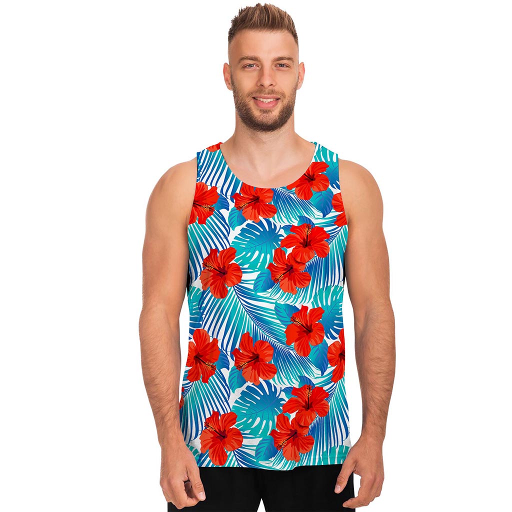 Blue Tropical Hibiscus Pattern Print Men's Tank Top