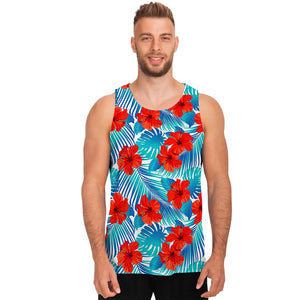 Blue Tropical Hibiscus Pattern Print Men's Tank Top