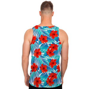 Blue Tropical Hibiscus Pattern Print Men's Tank Top