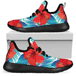 Blue Tropical Hibiscus Pattern Print Mesh Knit Shoes GearFrost